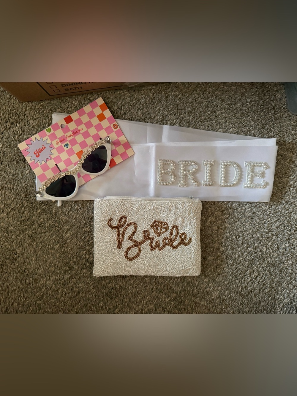 Beaded 'Bride' Clutch Pouch in White with Gold Script